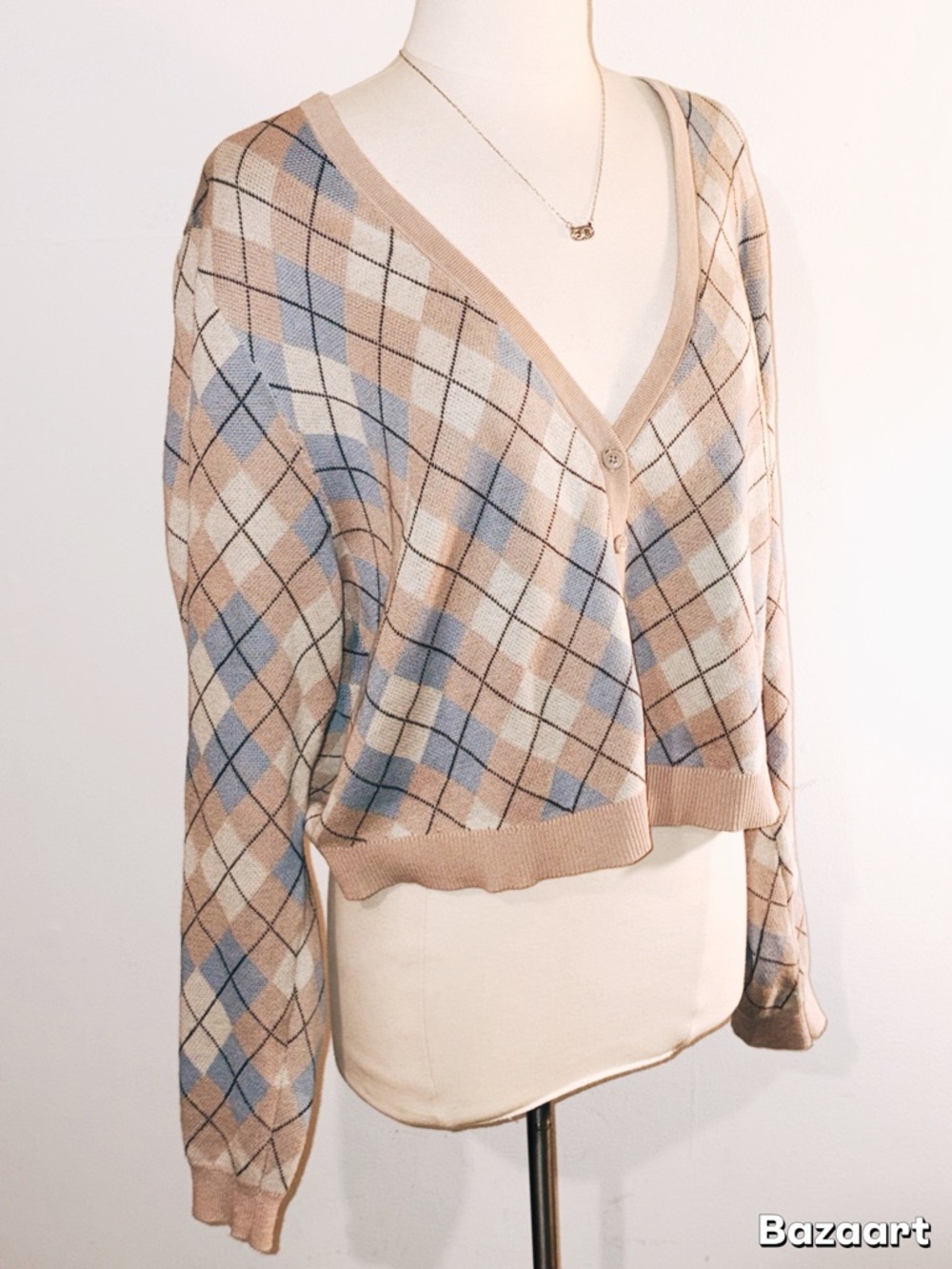 Torrid Crop Beige & Blue Argyle Cotton Blend Cardigan Sweater